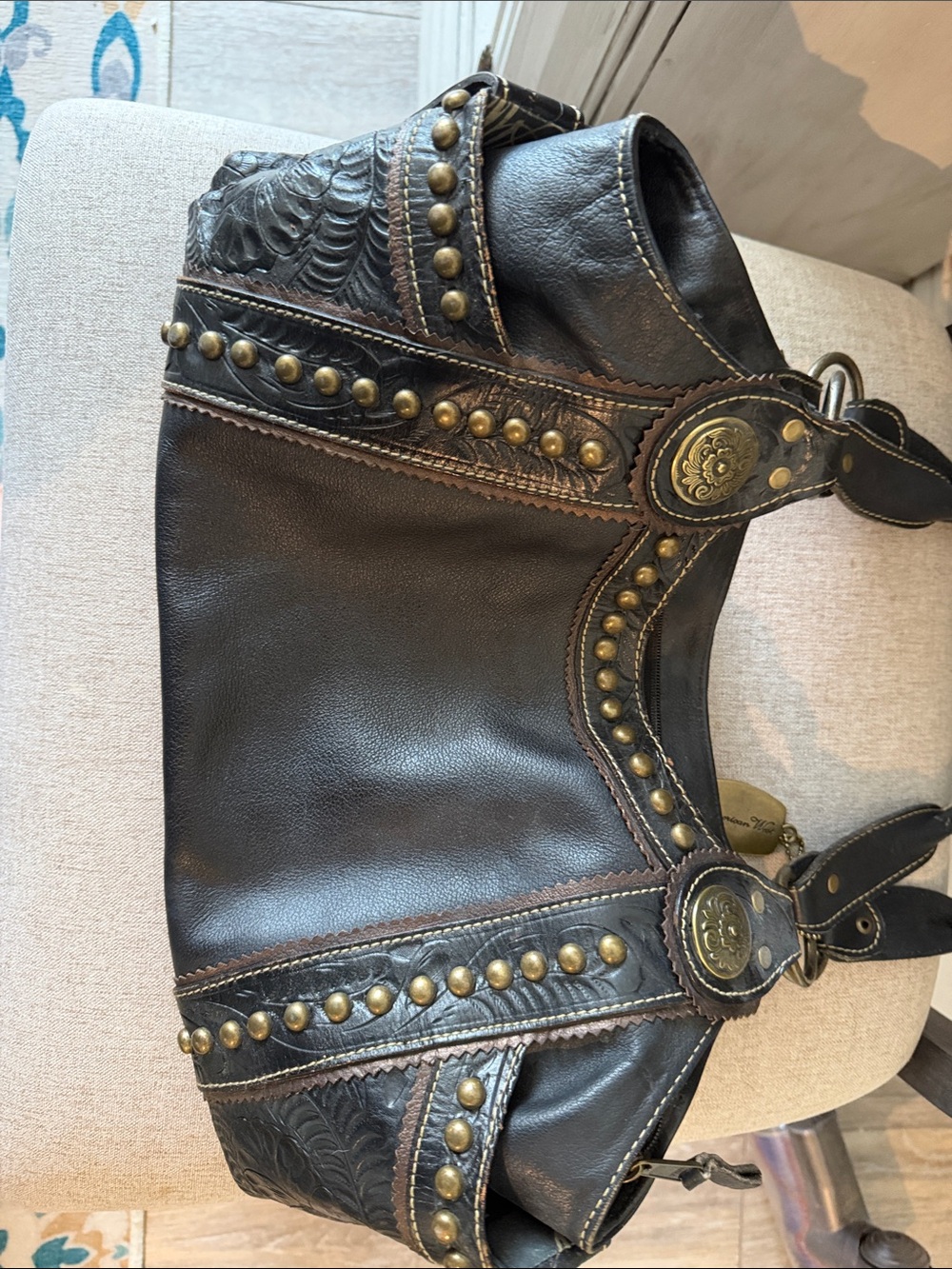 American West Brown Leather Shoulder Bag with Brass Studs